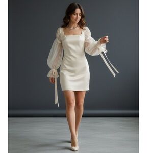 Daphale Studios Ivory Silk Mini Dress Sheer Puff Long Sleeve Romantic